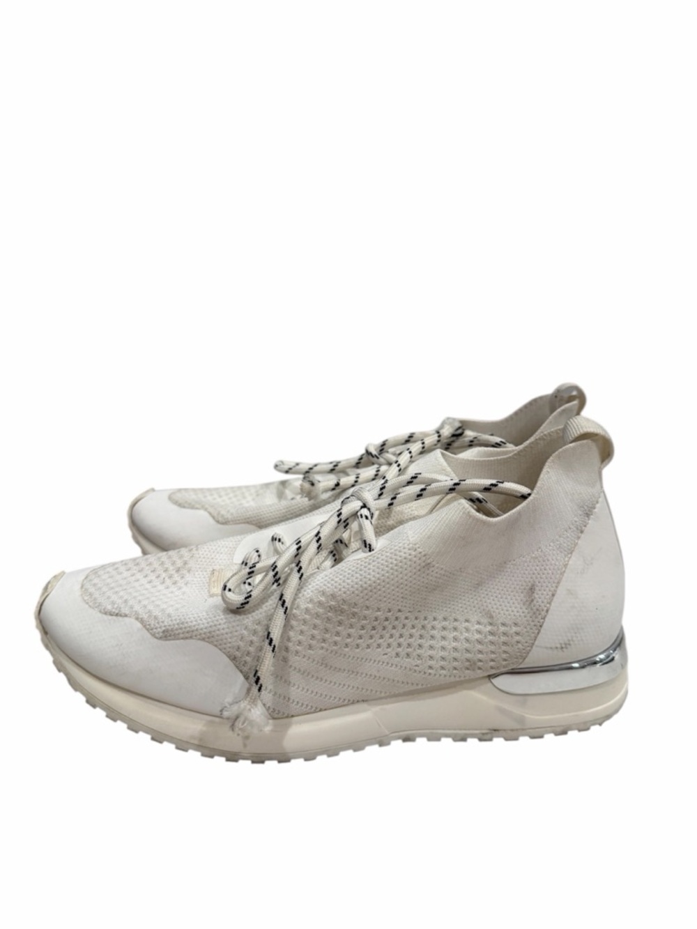 J/SLIDES White Knit Lace-Up Sneakers with Silver Heel Accent Size 6